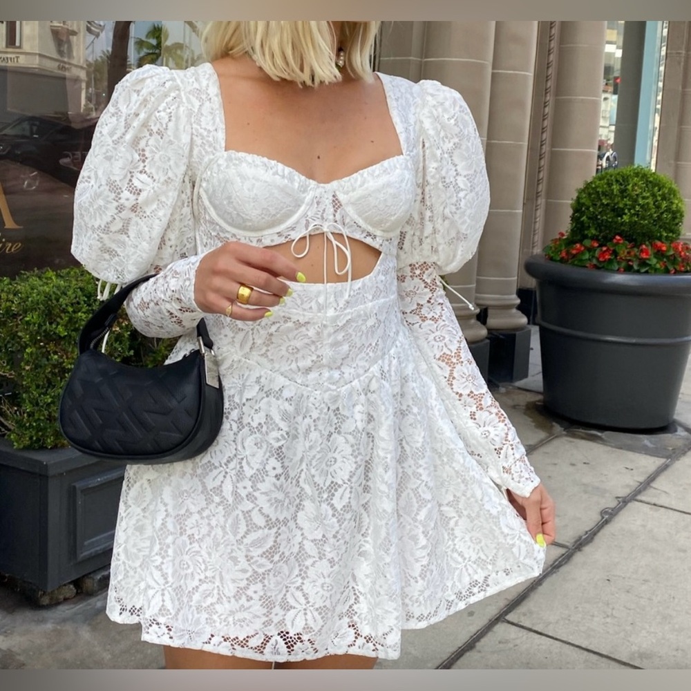 For Love And Lemons Frances Puff Sleeve  White Lace Mini Dress